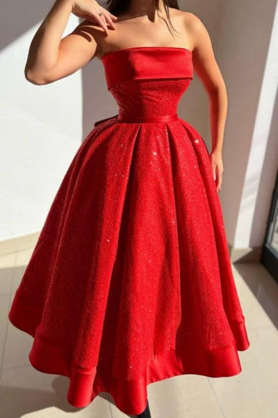 Ball gown Red Strapless Solid Satin Prom Dress Simple gentle atmospheric and unique design