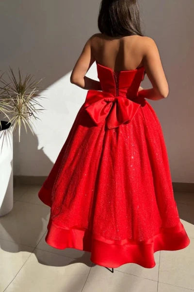 Ball gown Red Strapless Solid Satin Prom Dress Simple gentle atmospheric and unique design