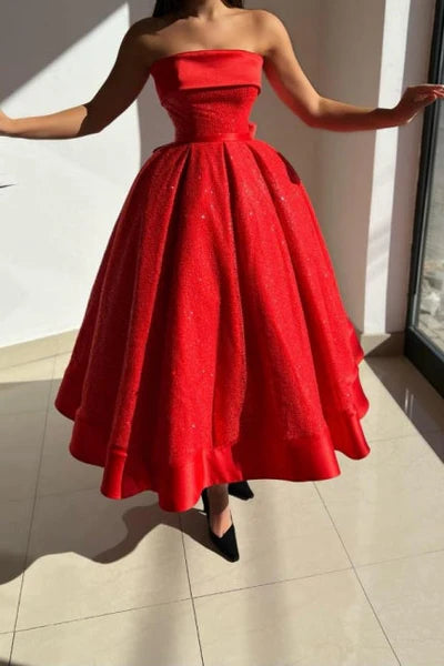 Ball gown Red Strapless Solid Satin Prom Dress Simple gentle atmospheric and unique design