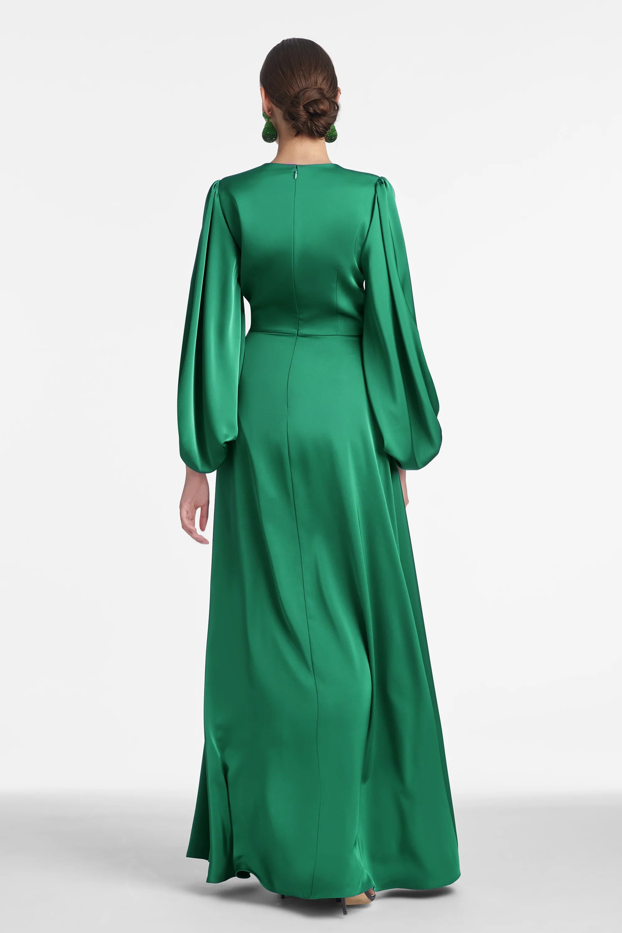 Balloon Sleeve Sheath Deep V Neck Long Sleeve Zipper Back Floor Length Female Evening Dress