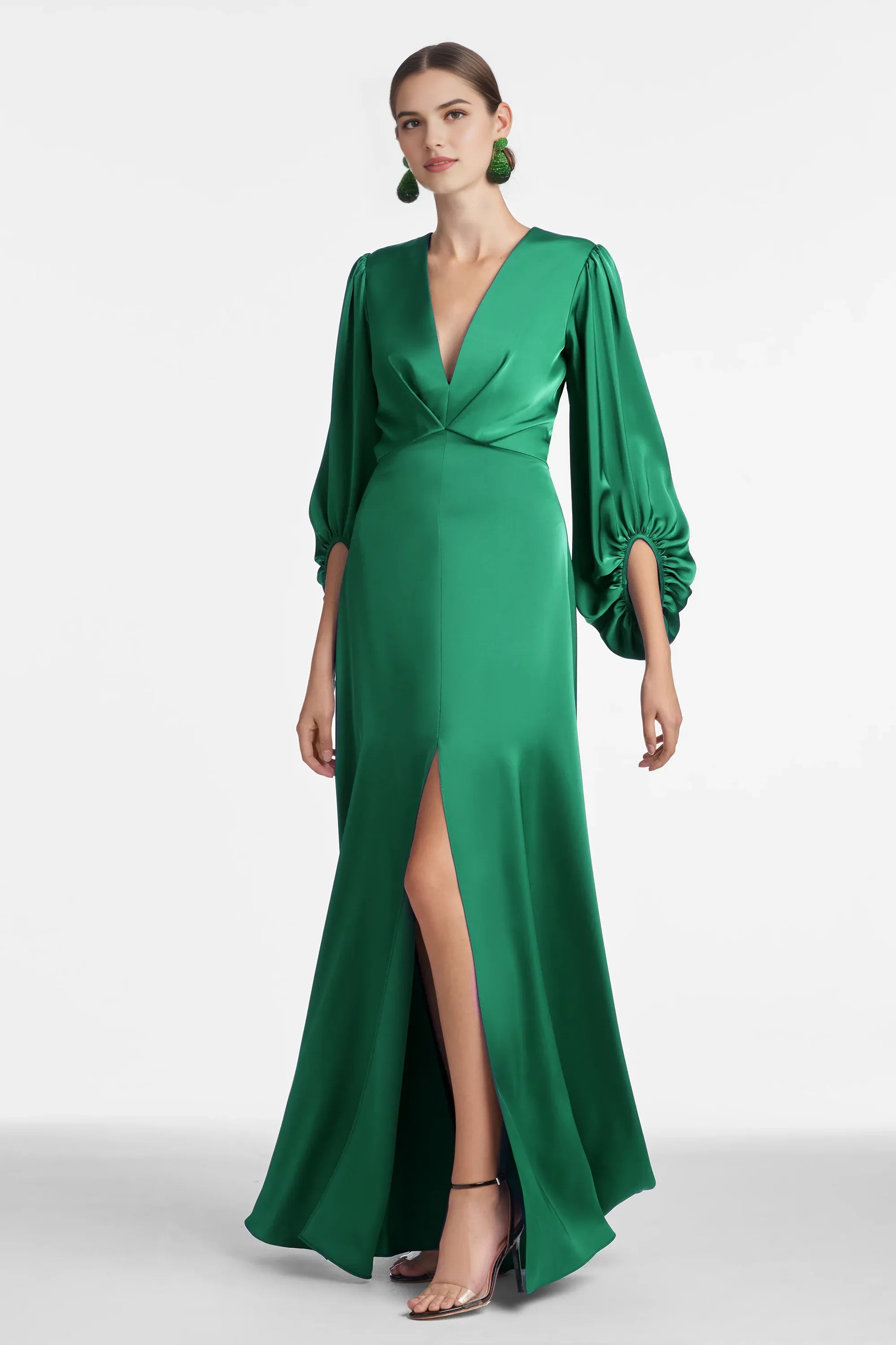 Balloon Sleeve Sheath Deep V Neck Long Sleeve Zipper Back Floor Length Female Evening Dress