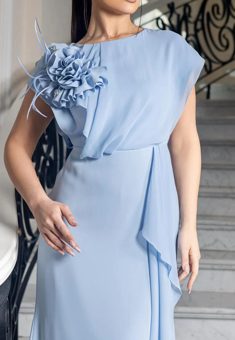 Bateau Cap Sleeves Chiffon Floral Sheath Ankle-Length Mother of Bride Dress simple gentle atmospheric and unique desi Bring summer colors to enhance whiteness