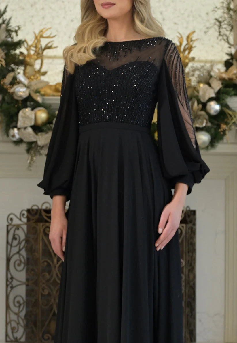 Bateau Long Sleeves Beaded Chiffon A-Line Mother of Bride Dress simple gentle atmospheric and unique desi Bring summer colors to enhance whiteness