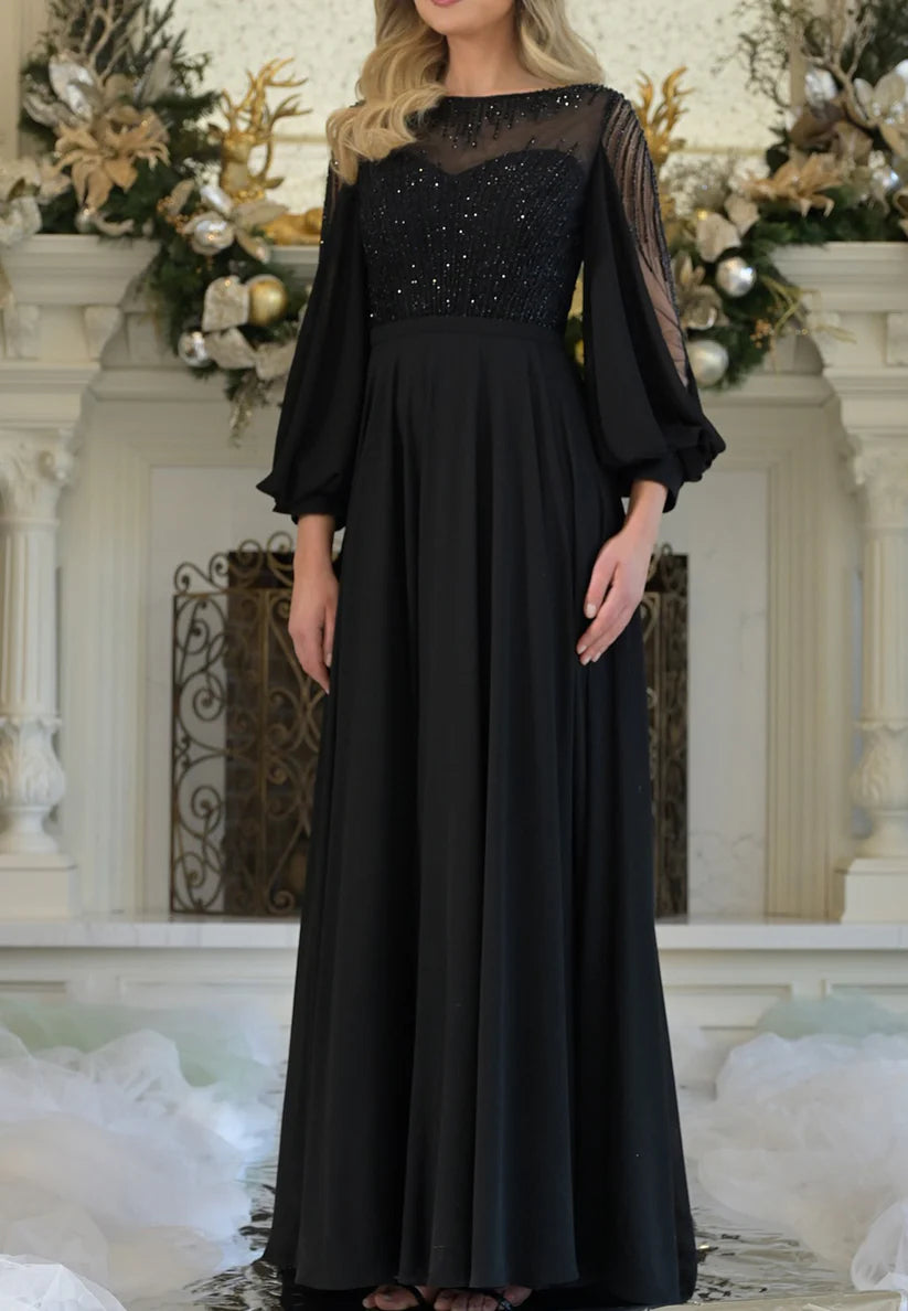 Bateau Long Sleeves Beaded Chiffon A-Line Mother of Bride Dress simple gentle atmospheric and unique desi Bring summer colors to enhance whiteness