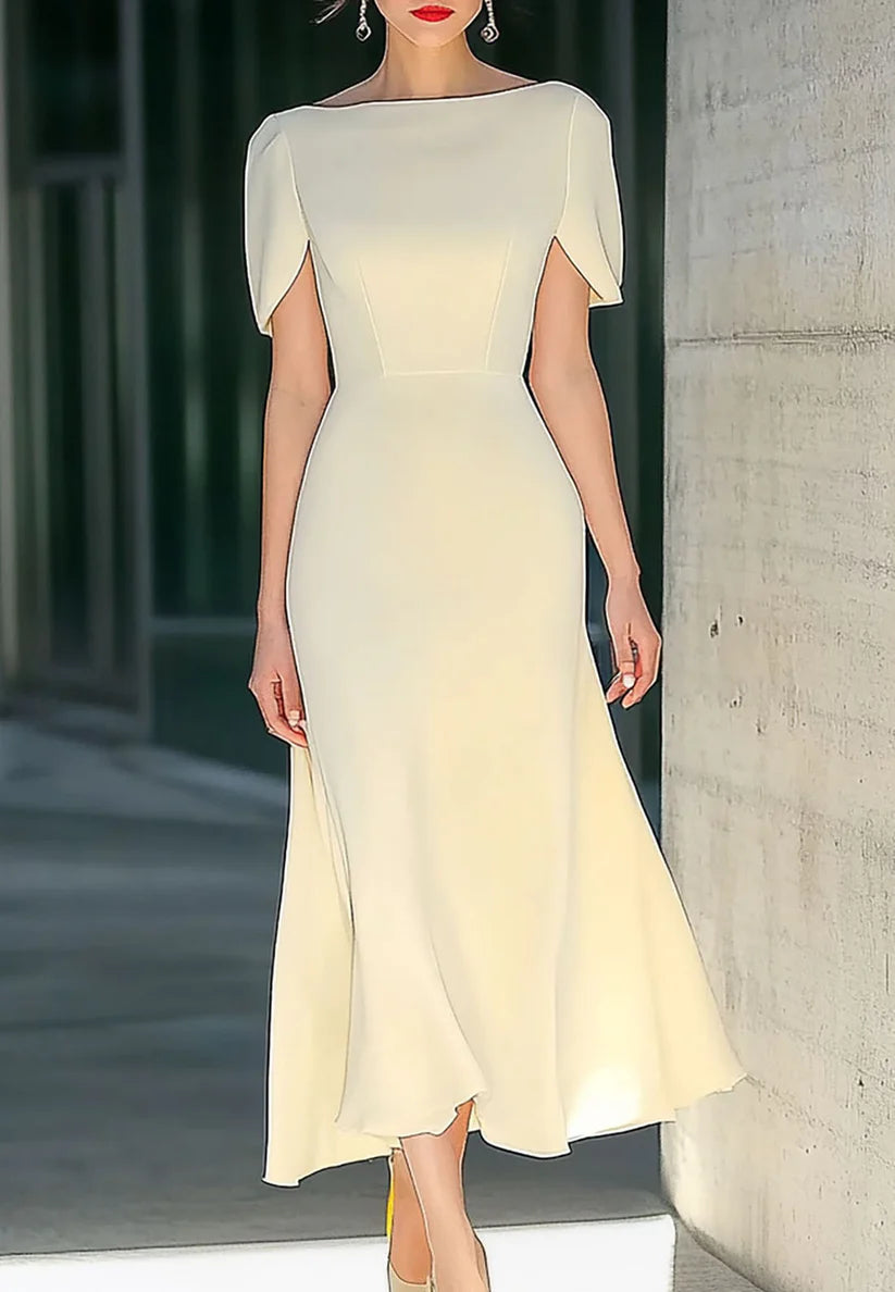 Bateau Pleated Short Sleevs Wedding Guest A-Line Formal Dress simple gentle atmospheric and unique desi Bring summer colors to enhance whiteness