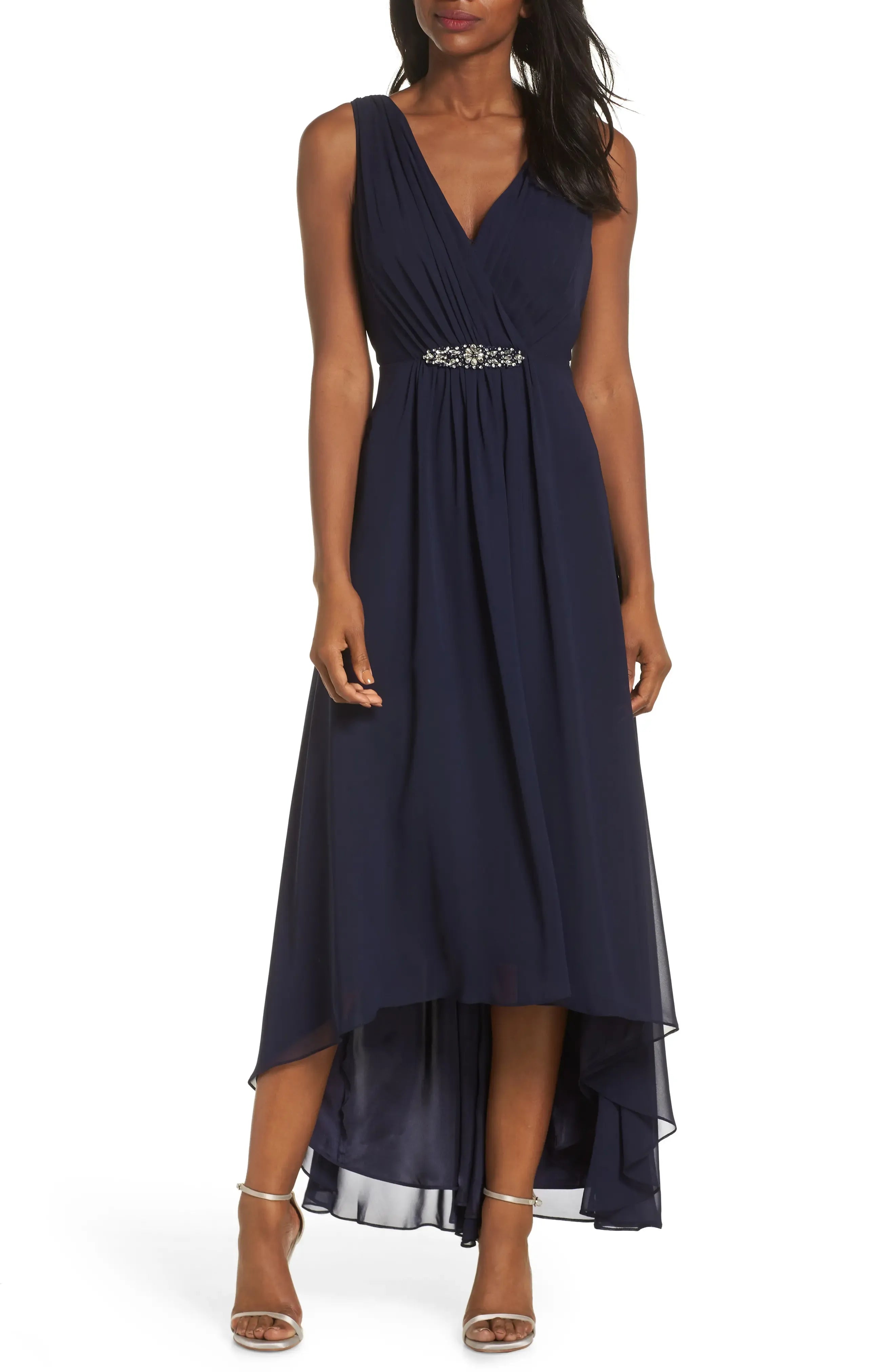 Beaded A Line Deep V Neck Sleeveless Plunging Back High Low Length For Ladies Evening Dress
