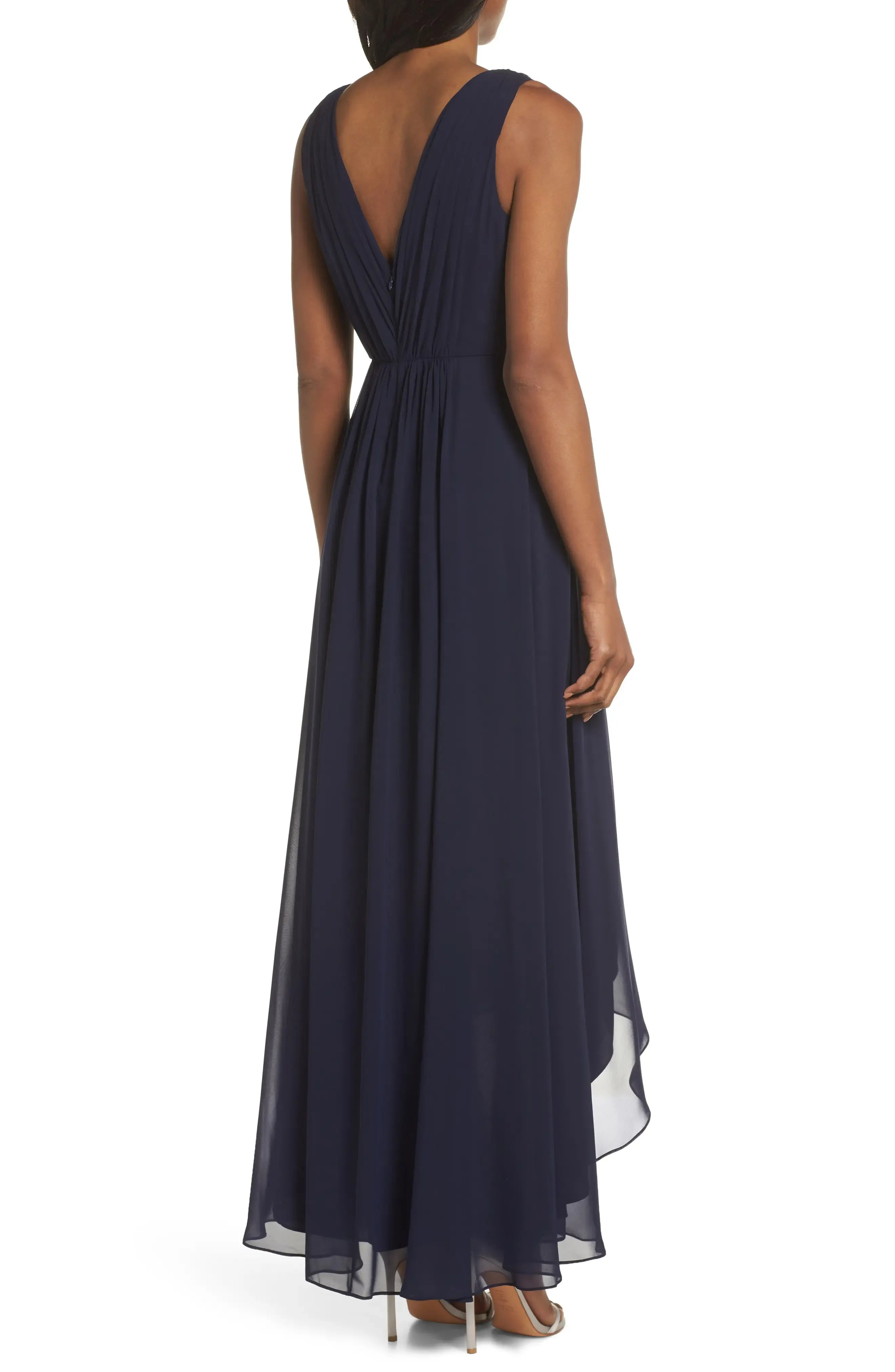 Beaded A Line Deep V Neck Sleeveless Plunging Back High Low Length For Ladies Evening Dress