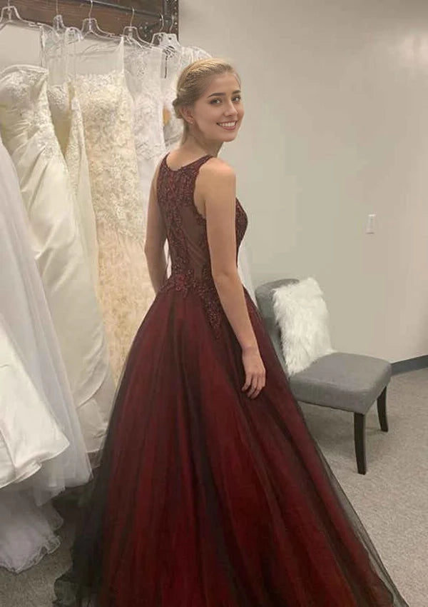 Beaded Princess Tulle Prom Dress/Evening Dress with Scoop Neck and Court Train Simple gentle atmospheric and unique design