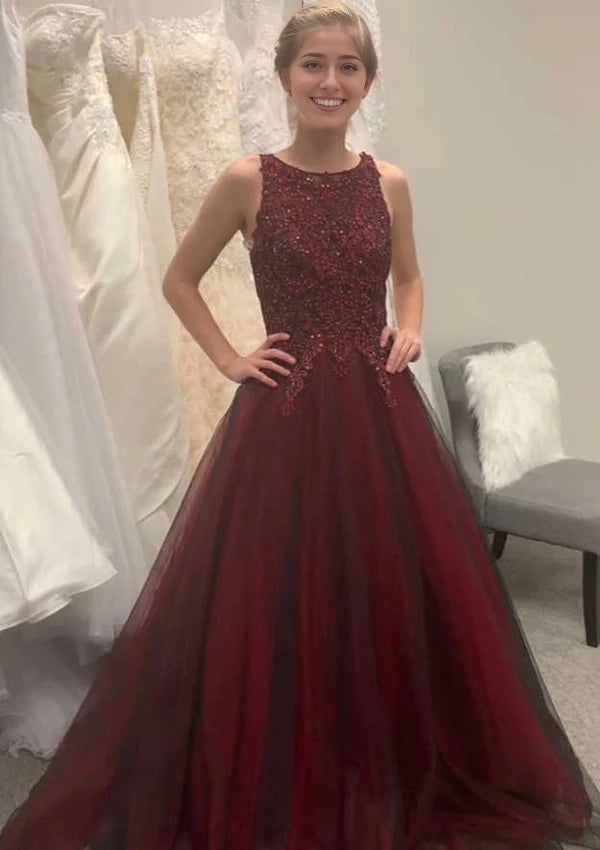 Beaded Princess Tulle Prom Dress/Evening Dress with Scoop Neck and Court Train Simple gentle atmospheric and unique design
