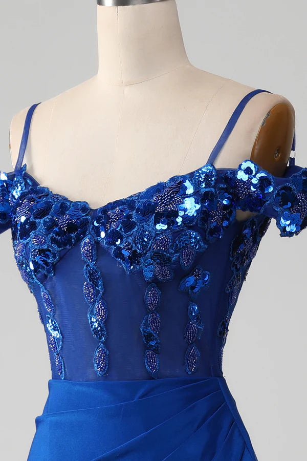 Beaded Royal Blue Corset Prom Dress with Slit Simple gentle atmospheric and unique desig