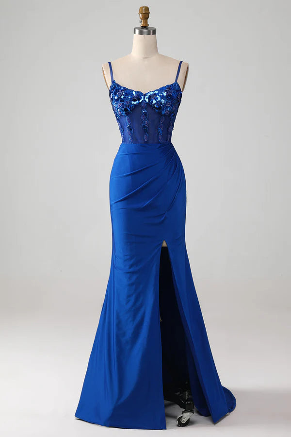 Beaded Royal Blue Corset Prom Dress with Slit Simple gentle atmospheric and unique desig