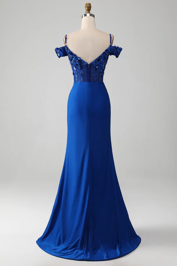 Beaded Royal Blue Corset Prom Dress with Slit Simple gentle atmospheric and unique desig