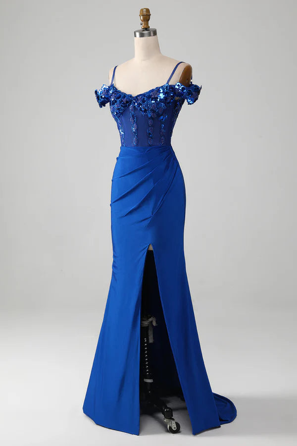 Beaded Royal Blue Corset Prom Dress with Slit Simple gentle atmospheric and unique desig