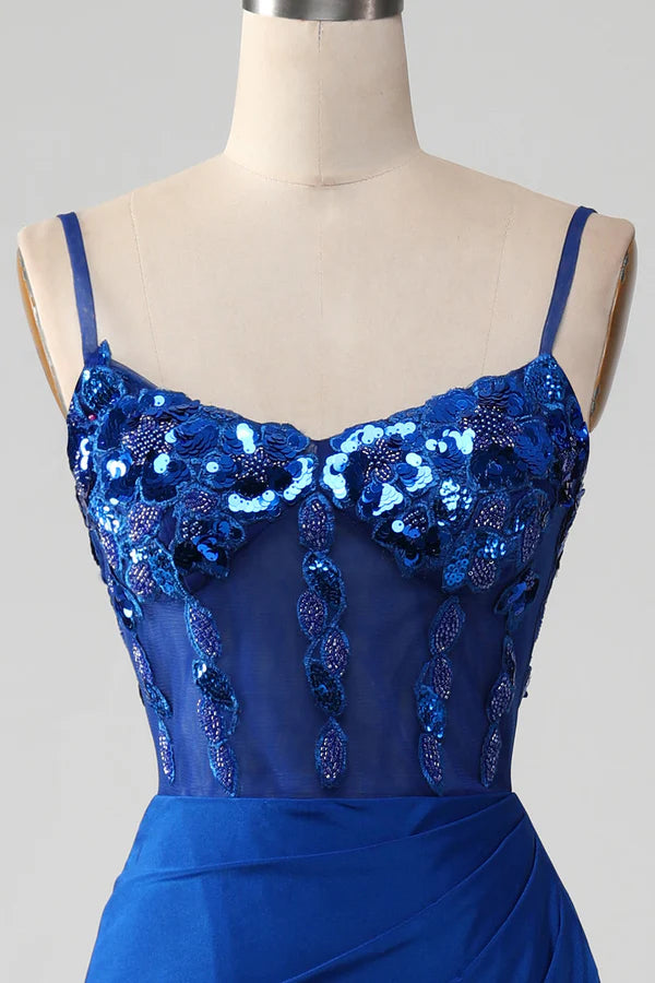 Beaded Royal Blue Corset Prom Dress with Slit Simple gentle atmospheric and unique desig