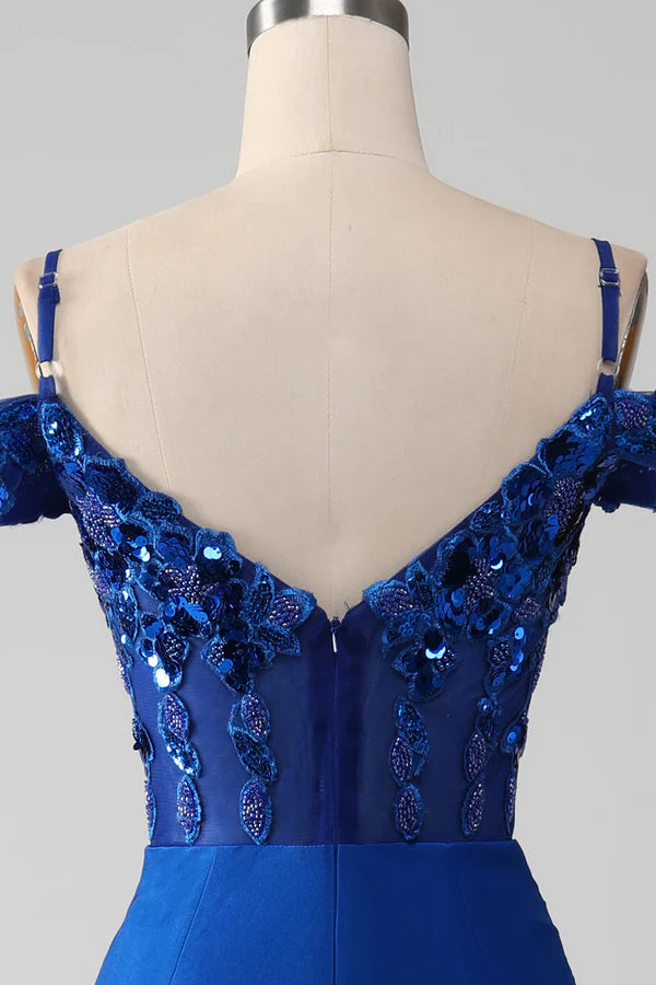 Beaded Royal Blue Corset Prom Dress with Slit Simple gentle atmospheric and unique desig