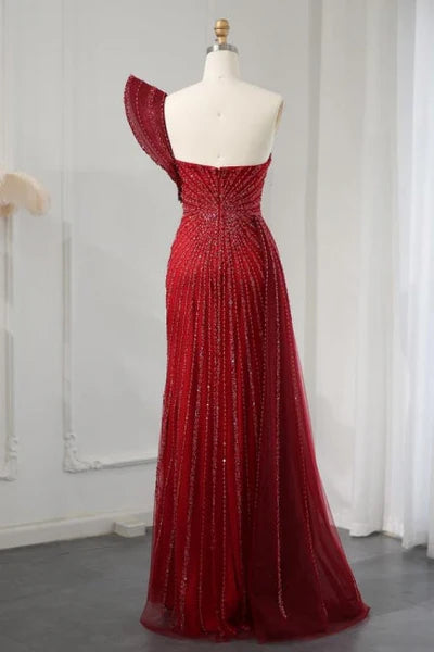 Beatiful Wine Red One Shoulder High Split Beadings Evening Dress Sequins Simple gentle atmospheric and unique design