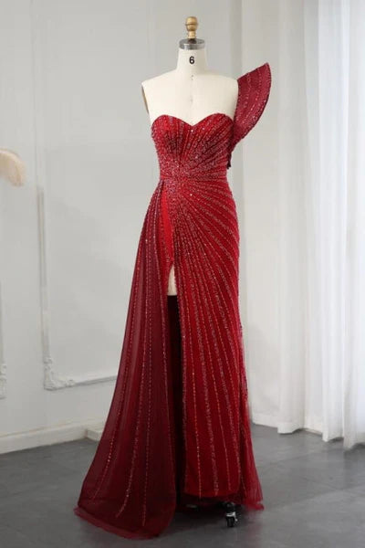 Beatiful Wine Red One Shoulder High Split Beadings Evening Dress Sequins Simple gentle atmospheric and unique design