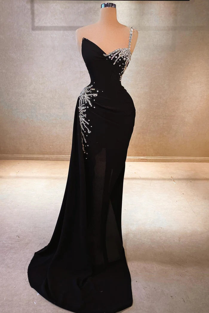 Beautiful A-line One Shoulder Sleeveless Rhinestone Chiffon Black Prom Dress Simple gentle atmospheric and unique design
