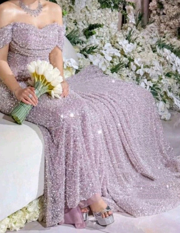Beautiful Arab Wedding Dress Off The Shoulder Sequins Prom Dress Mermaid Dress For Prom simple gentle atmospheric and unique desi Bring summer colors to enhance whiteness