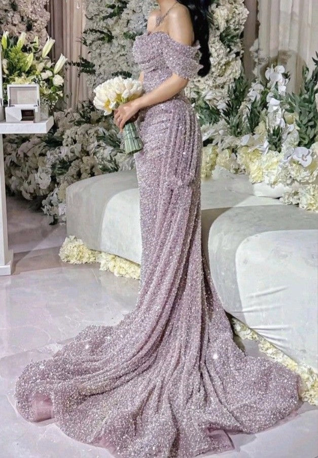 Beautiful Arab Wedding Dress Off The Shoulder Sequins Prom Dress Mermaid Dress For Prom simple gentle atmospheric and unique desi Bring summer colors to enhance whiteness