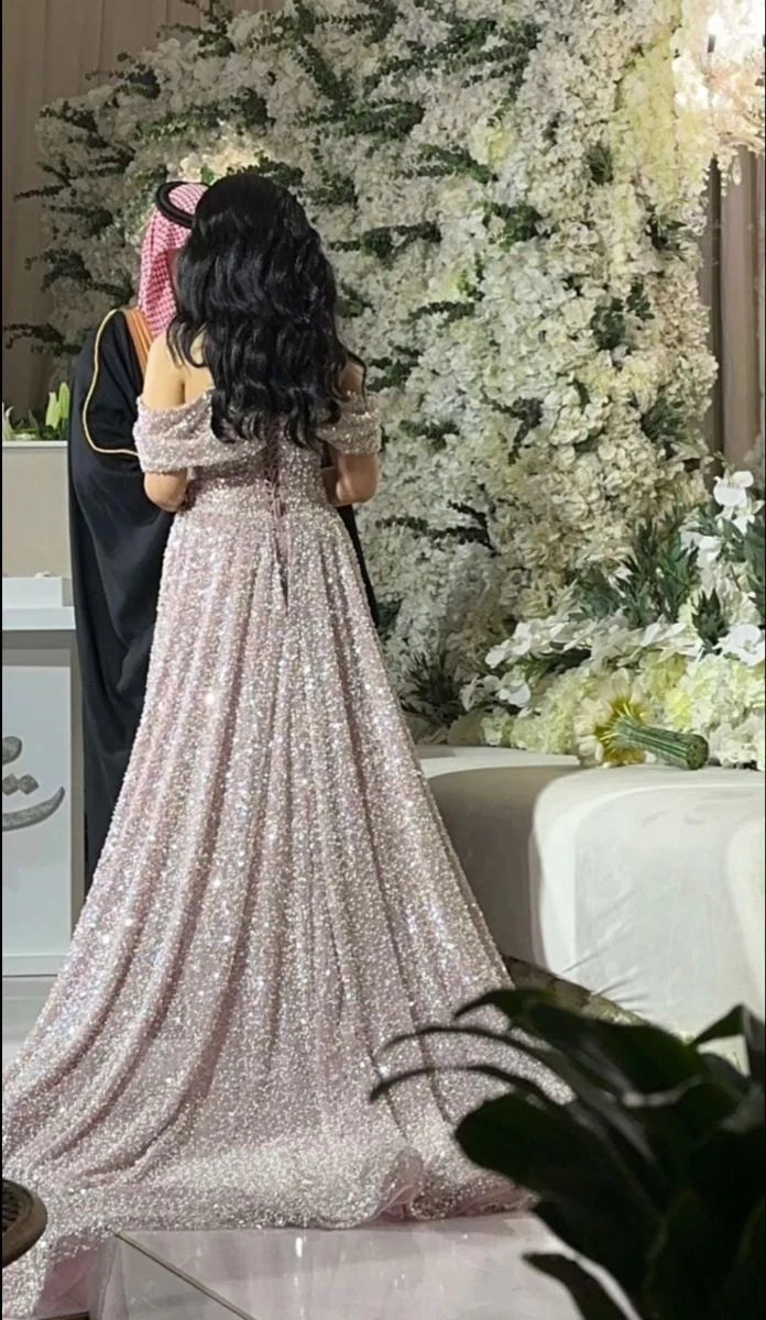 Beautiful Arab Wedding Dress Off The Shoulder Sequins Prom Dress Mermaid Dress For Prom simple gentle atmospheric and unique desi Bring summer colors to enhance whiteness