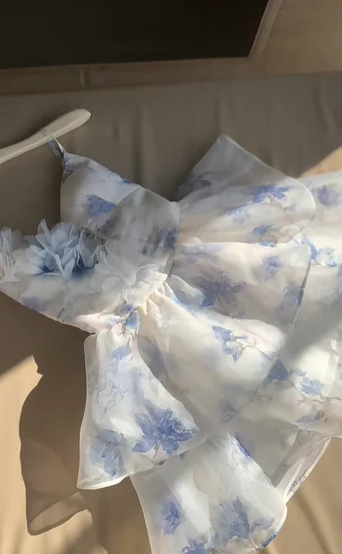 Beautiful Blue Chiffon Print Floral Short Holiday Dress Spaghetti Straps A Line Homecoming Dress simple gentle atmospheric and unique desi Bring summer colors to enhance whiteness