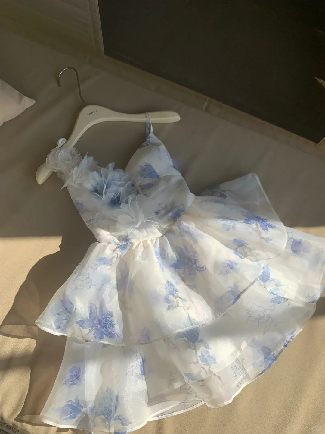 Beautiful Blue Chiffon Print Floral Short Holiday Dress Spaghetti Straps A Line Homecoming Dress simple gentle atmospheric and unique desi Bring summer colors to enhance whiteness