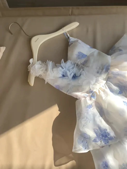 Beautiful Blue Chiffon Print Floral Short Holiday Dress Spaghetti Straps A Line Homecoming Dress simple gentle atmospheric and unique desi Bring summer colors to enhance whiteness