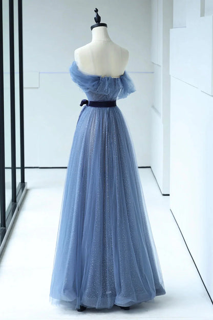 Beautiful Blue Floor Length Prom Dress A-line Strapless Tulle Evening Dress simple gentle atmospheric and unique desi Bring summer colors to enhance white