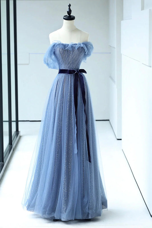Beautiful Blue Floor Length Prom Dress A-line Strapless Tulle Evening Dress simple gentle atmospheric and unique desi Bring summer colors to enhance white