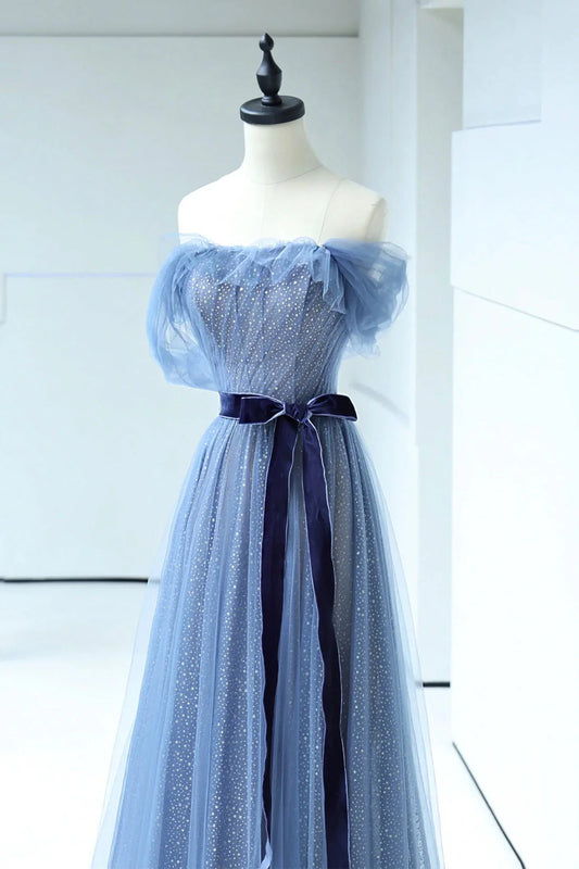 Beautiful Blue Floor Length Prom Dress A-line Strapless Tulle Evening Dress simple gentle atmospheric and unique desi Bring summer colors to enhance white