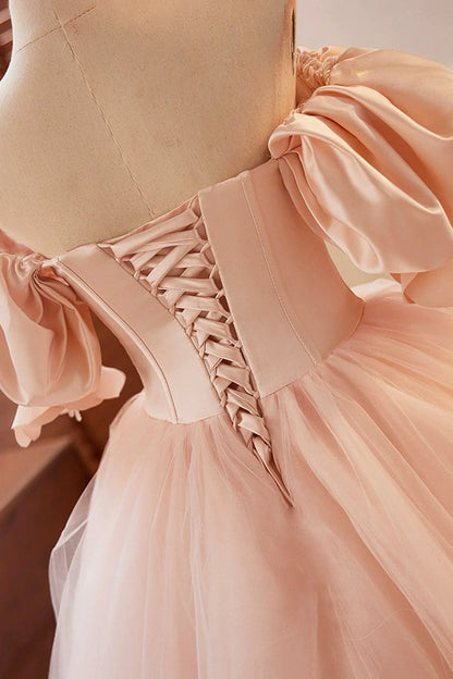 Beautiful Blushing Pink Beading Prom Dresses Off the Shoulder Puffy Short Sleeve Backless Floor-Length Party Dresses simple gentle atmospheric and unique desi Bring summer colors to enhance white