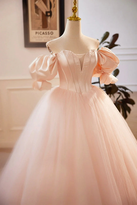 Beautiful Blushing Pink Beading Prom Dresses Off the Shoulder Puffy Short Sleeve Backless Floor-Length Party Dresses simple gentle atmospheric and unique desi Bring summer colors to enhance white
