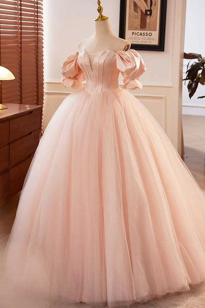 Beautiful Blushing Pink Beading Prom Dresses Off the Shoulder Puffy Short Sleeve Backless Floor-Length Party Dresses simple gentle atmospheric and unique desi Bring summer colors to enhance white