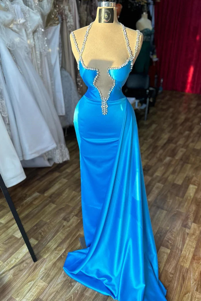Beautiful Column Spaghetti Straps Sleeveless Ruffled Satin Evening Gown Simple gentle atmospheric and unique design