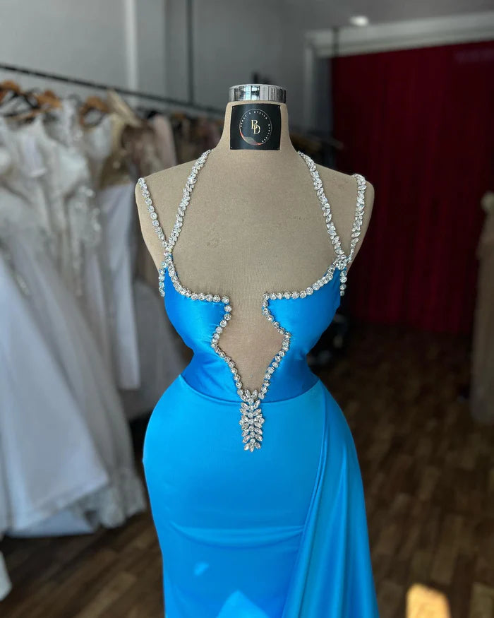 Beautiful Column Spaghetti Straps Sleeveless Ruffled Satin Evening Gown Simple gentle atmospheric and unique design