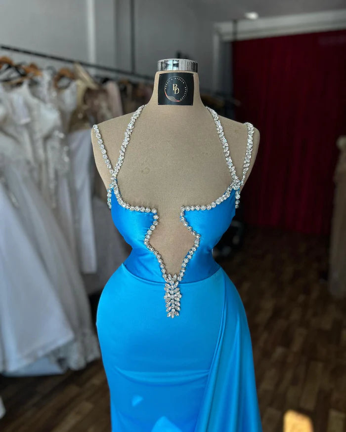 Beautiful Column Spaghetti Straps Sleeveless Ruffled Satin Evening Gown Simple gentle atmospheric and unique design