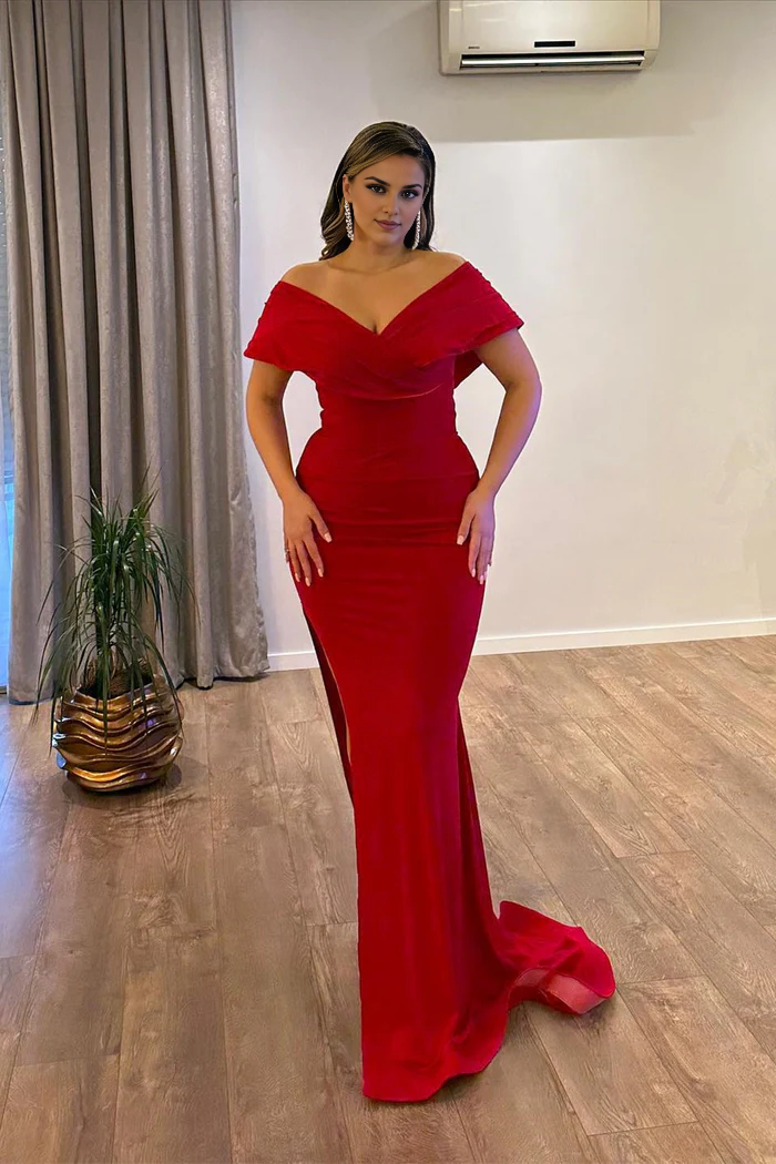 Beautiful Floor-Length V-Neck Off-The-Shoulder Mermaid Ruby Prom Dress with a Split Skirt