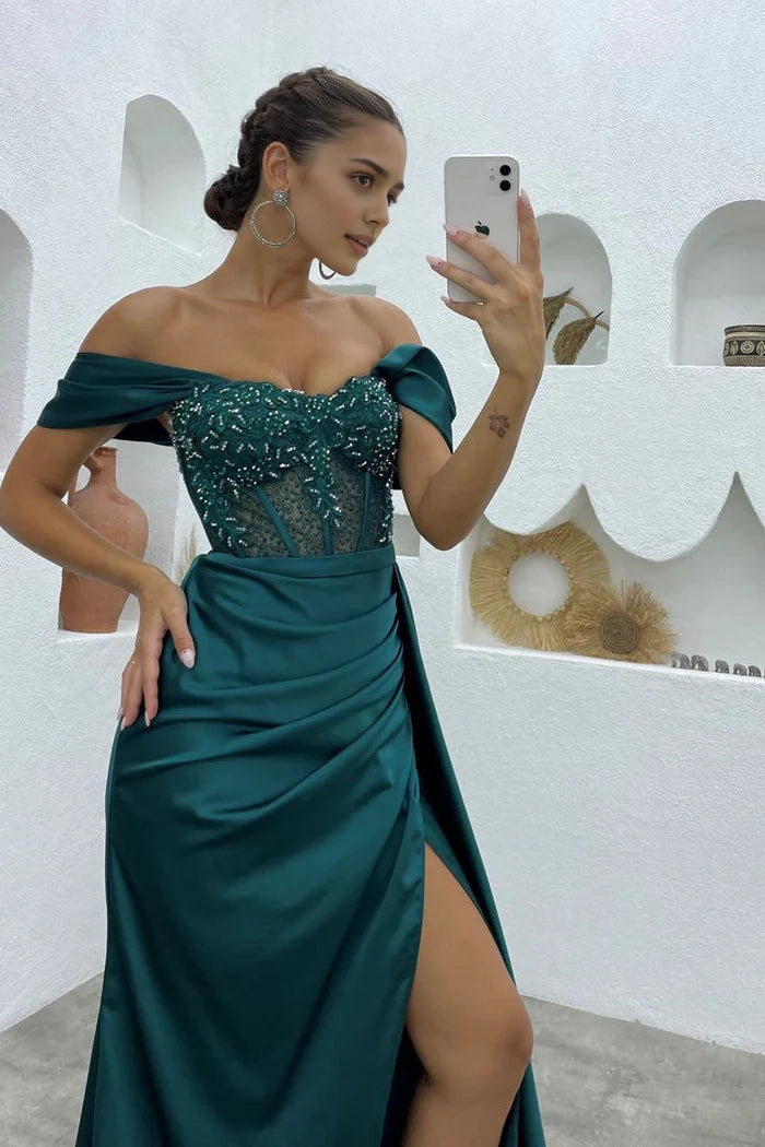 Beautiful Floor Length Off-The-Shoulder Sleeveless Mermaid Satin Prom Dress with Split Simple gentle atmospheric and unique design