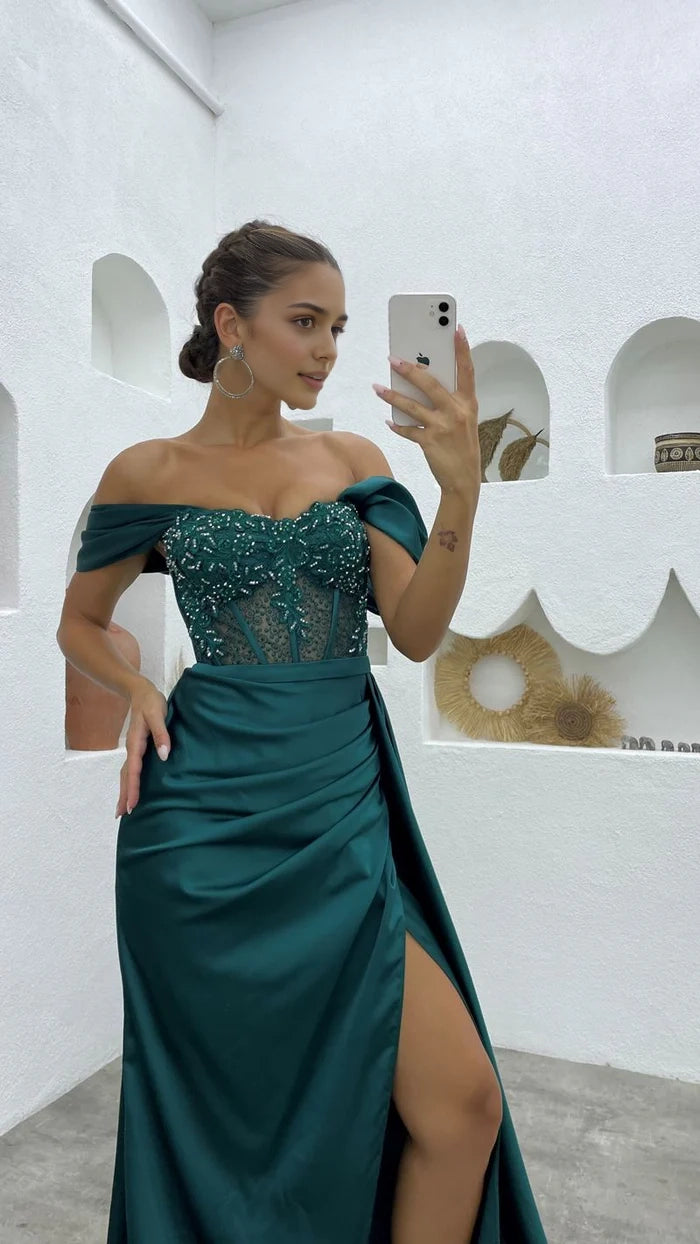 Beautiful Floor Length Off-The-Shoulder Sleeveless Mermaid Satin Prom Dress with Split Simple gentle atmospheric and unique design