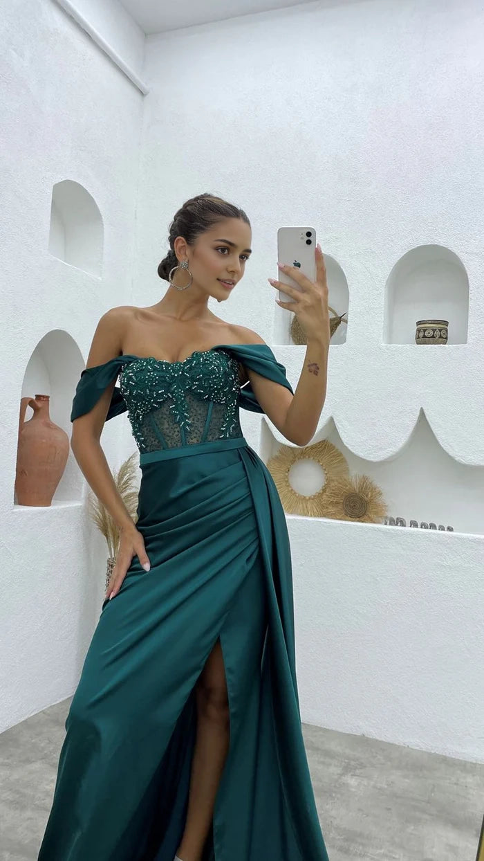 Beautiful Floor Length Off-The-Shoulder Sleeveless Mermaid Satin Prom Dress with Split Simple gentle atmospheric and unique design