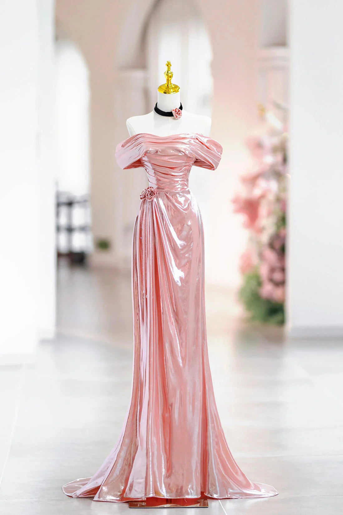 Beautiful Floor Length Prom Dress Shiny Off the Shoulder Evening Party Dress simple gentle atmospheric and unique desi Bring summer