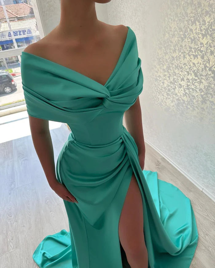 Beautiful Long A-line Off-the-shoulder Prom Dress with Stylish Side Slit Simple gentle atmospheric and unique design