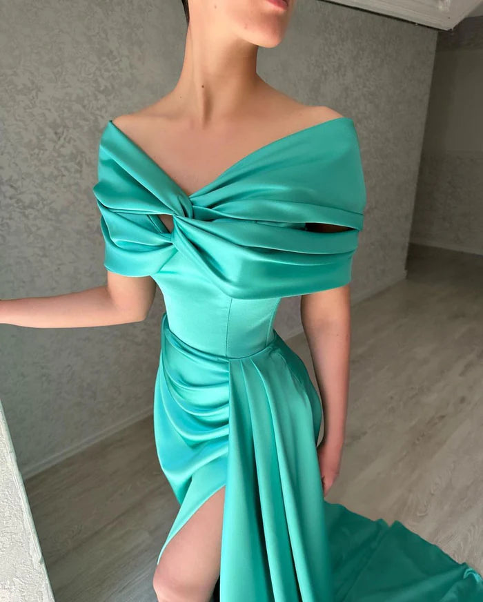 Beautiful Long A-line Off-the-shoulder Prom Dress with Stylish Side Slit Simple gentle atmospheric and unique design