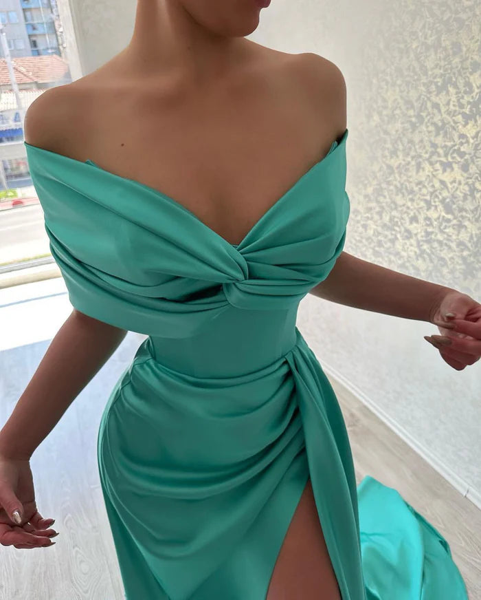 Beautiful Long A-line Off-the-shoulder Prom Dress with Stylish Side Slit Simple gentle atmospheric and unique design