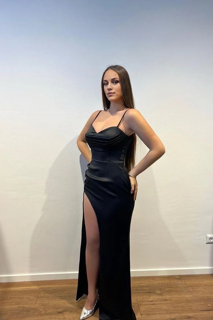 Beautiful Long Black Spaghetti Strap Satin Floor-Length Dress with Slit Simple gentle atmospheric and unique design