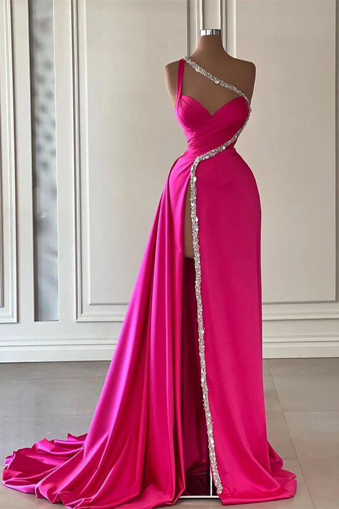 Beautiful Long Fuchsia One-Shoulder Prom Dress with Jewel Embellishments and High Slit Simple gentle atmospheric and unique design  ﻿