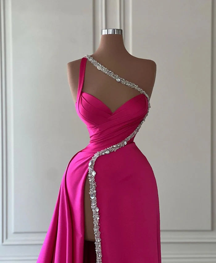 Beautiful Long Fuchsia One-Shoulder Prom Dress with Jewel Embellishments and High Slit Simple gentle atmospheric and unique design  ﻿