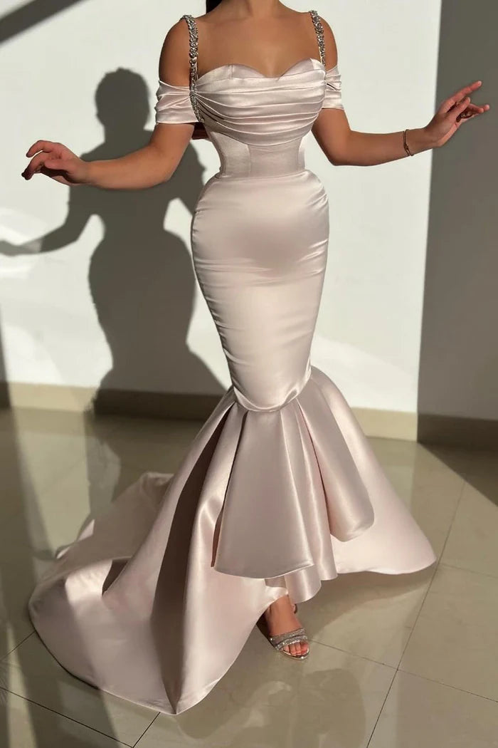 Beautiful Long Mermaid Off-the-shoulder Satin Dress with Train for Prom Simple gentle atmospheric and unique design