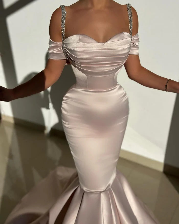 Beautiful Long Mermaid Off-the-shoulder Satin Dress with Train for Prom Simple gentle atmospheric and unique design
